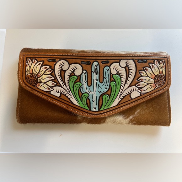 Myra Bag Handbags - Myra cactus Brown Leather Clutch with Floral Design